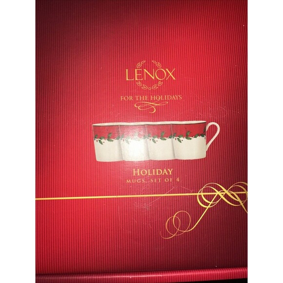 Lenox Holiday Red Coffee Mugs Set of 4 Red Rim Holly Berry Green Trim New In Box - Picture 1 of 5